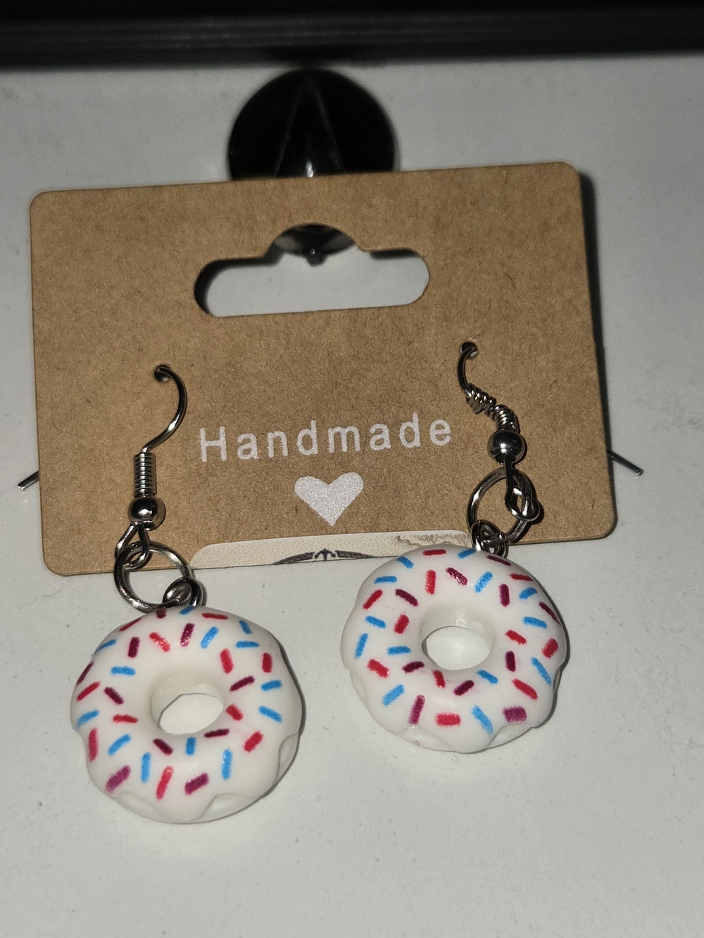 Handmade White Donut Dangle Earrings with Pink & Blue Sprinkles